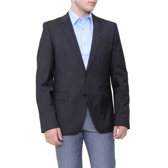 Hugo Boss Mens 44L Super 100s Wool Blazer Slim Fit Long Jacket 2 Button Gray EUC - Picture 1 of 8